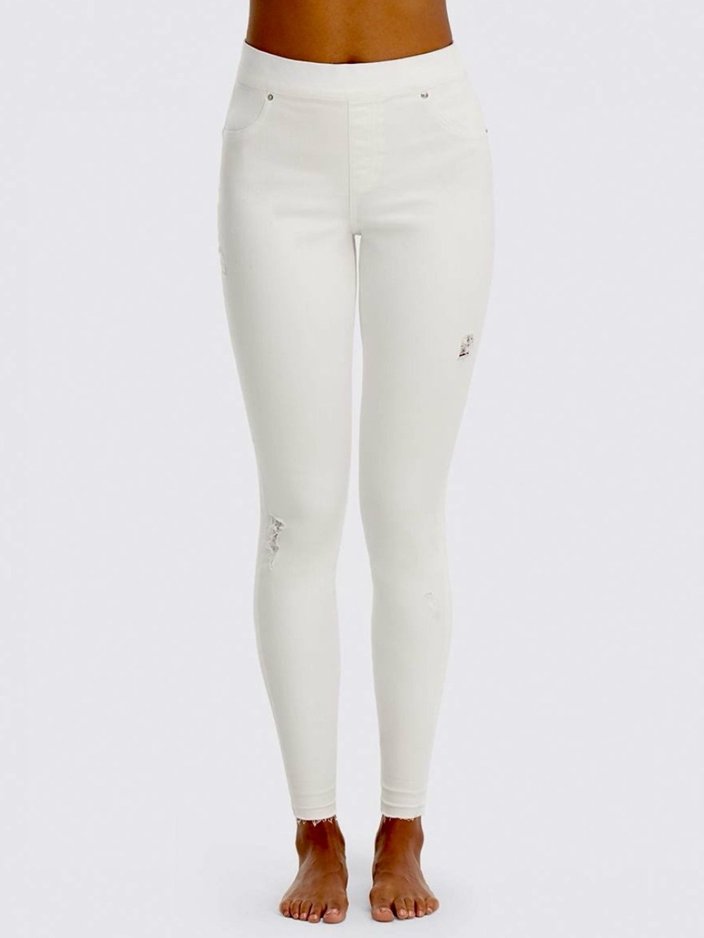 SPANX White High Waist Distressed Skinny Jean Leggings Raw Hem Sz M